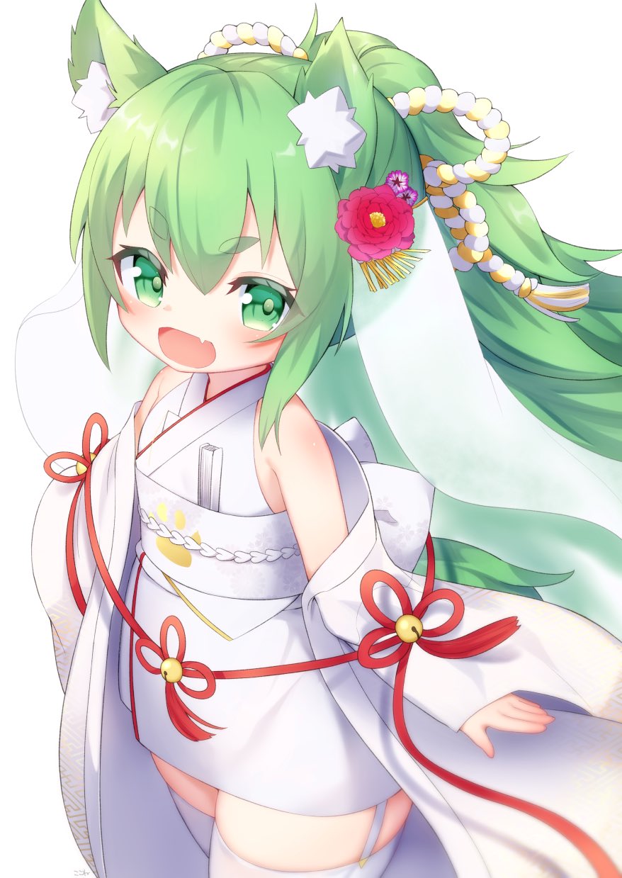 1girl :d animal_ear_fluff animal_ears azur_lane bangs bare_shoulders bell closed_fan commentary_request eyebrows_visible_through_hair fan fang flower folding_fan garter_straps green_eyes green_hair hair_between_eyes hair_flower hair_ornament highres isokaze_(azur_lane) japanese_clothes jingle_bell kimono kokone_(coconeeeco) long_hair long_sleeves looking_at_viewer obi off_shoulder open_mouth ponytail purple_flower red_flower sash simple_background sleeveless sleeveless_kimono sleeves_past_wrists smile solo thick_eyebrows thigh-highs very_long_hair white_background white_kimono white_legwear wide_sleeves