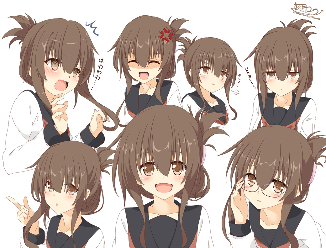 1girl :d @_@ anger_vein bespectacled black_sailor_collar brown_eyes brown_hair folded_ponytail glasses inazuma_(kantai_collection) kantai_collection kisaragi_yuu_(re:lucks) long_hair looking_at_viewer multiple_views neckerchief open_mouth pout red_neckwear sailor_collar school_uniform serafuku shirt signature simple_background smile twitter_username upper_body white_background white_shirt