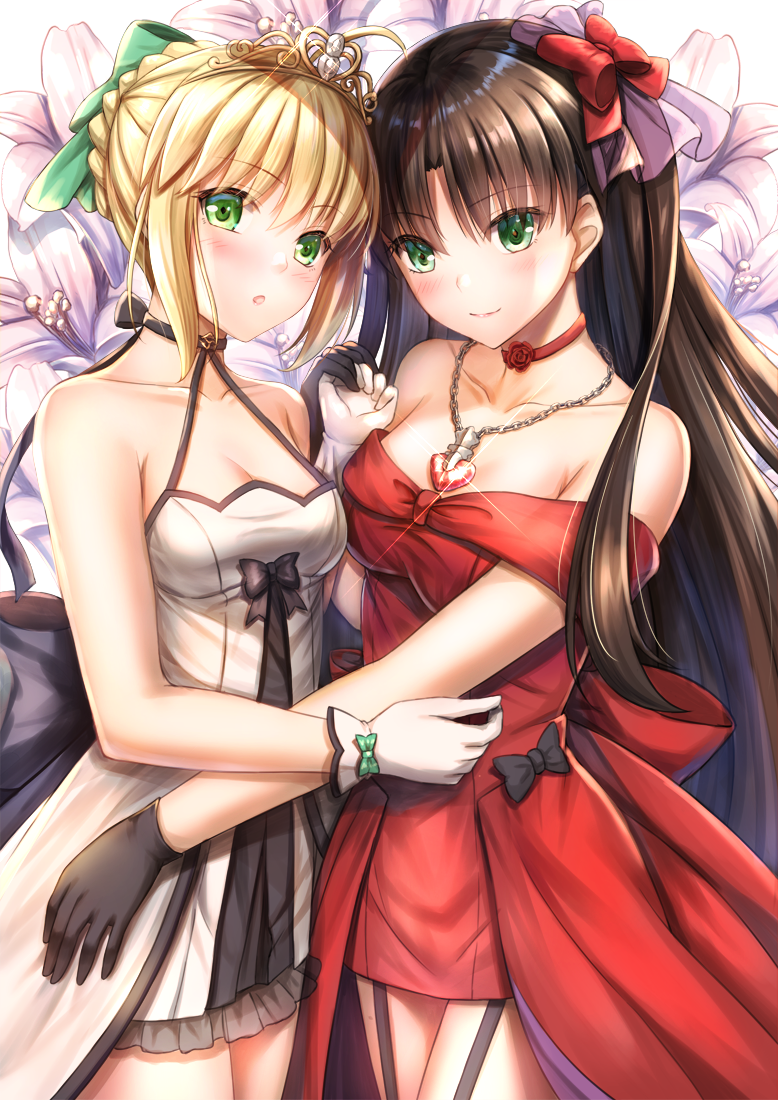 2girls :o artoria_pendragon_(all) bangs bare_shoulders black_choker black_gloves black_hair blonde_hair blush bow braid choker closed_mouth collarbone commentary_request dress eyebrows_visible_through_hair fate/stay_night fate_(series) floral_background flower frilled_dress frills garter_straps glint gloves green_bow green_eyes hair_between_eyes hair_bow hand_up hands_together jewelry long_hair multiple_girls off-shoulder_dress off_shoulder parted_lips pendant red_bow red_choker red_dress red_flower red_rose rose saber see-through sidelocks smile tiara toosaka_rin toshi_(1-147) very_long_hair white_background white_dress white_gloves