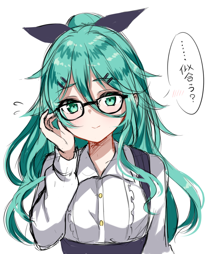 1girl adjusting_eyewear alternate_costume bangs bespectacled black_ribbon dress_shirt frilled_shirt frills glasses green_eyes green_hair hair_between_eyes hair_ornament hair_ribbon hairclip high-waist_skirt kantai_collection long_hair mashiro_aa parted_bangs ponytail ribbon shirt sidelocks skirt solo suspender_skirt suspenders translation_request white_shirt yamakaze_(kantai_collection)