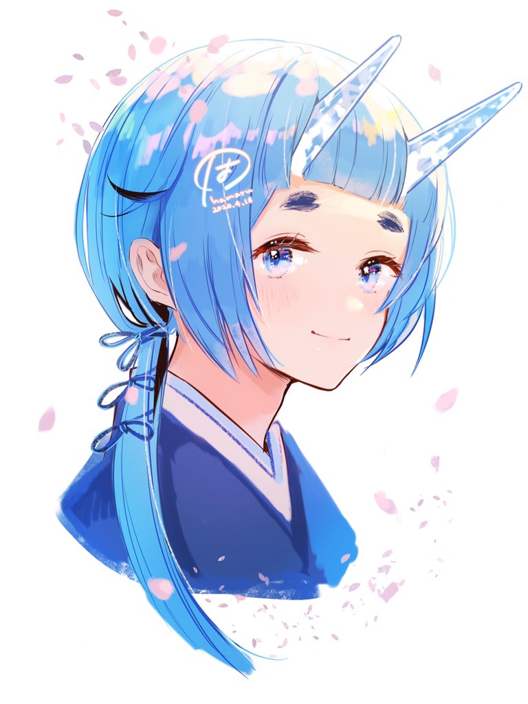 androgynous bangs blue_hair blue_horns blunt_bangs hamaru_log horns looking_at_viewer making-of_available oni oni_horns original ponytail signature simple_background smile solo white_background