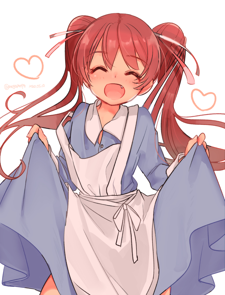 1girl alternate_costume apron blue_dress blush brown_hair dress fang hair_ornament hair_ribbon heart kantai_collection libeccio_(kantai_collection) long_dress long_hair long_sleeves glasses_poni open_mouth ribbon smile solo twintails white_apron white_background