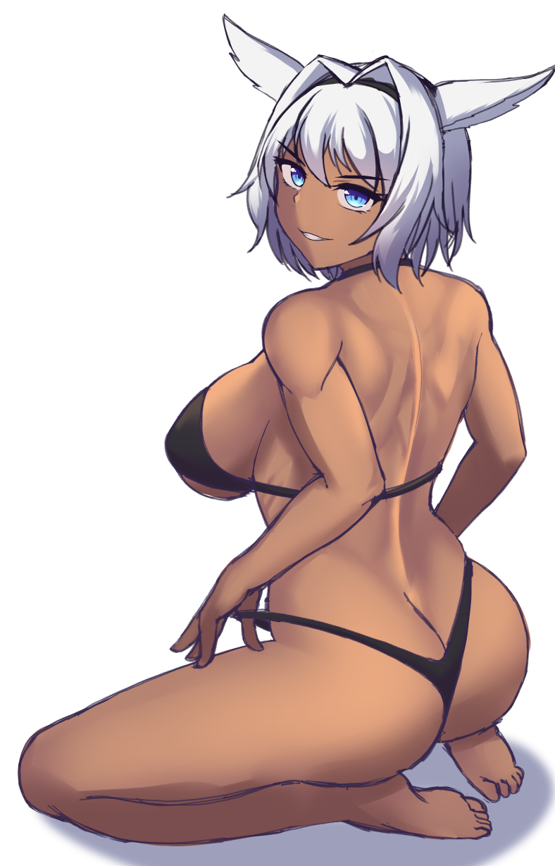 1girl animal_ears ass bikini black_bikini black_headband butt_crack caenis_(fate) dark_skin dog_ears fate/grand_order fate_(series) feet from_behind full_body hair_intakes headband highleg highleg_bikini highres jifuwabe shadow swimsuit white_background white_hair