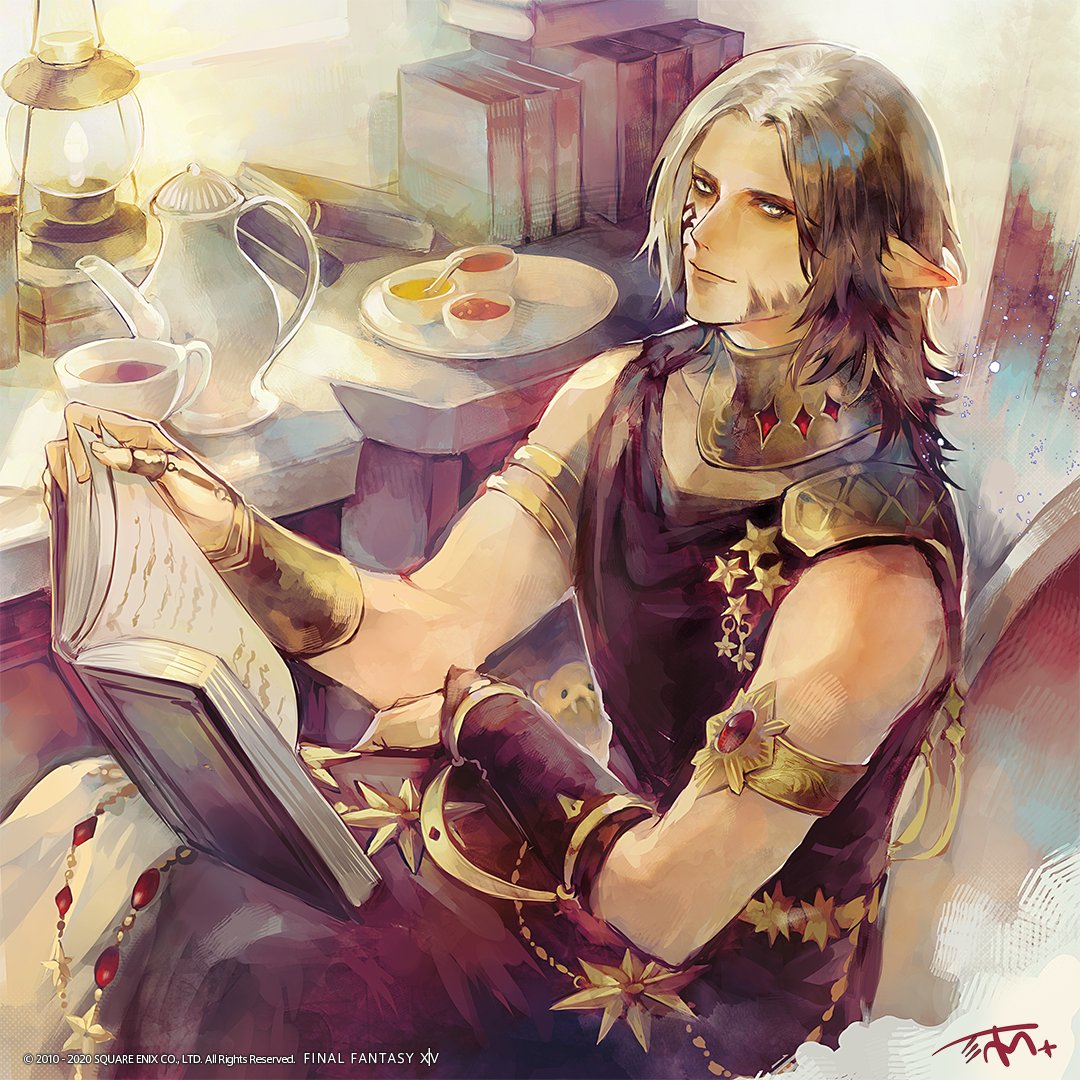 1boy armlet bracer choker cup facial_tattoo final_fantasy final_fantasy_xiv indoors looking_at_viewer medium_hair official_art pointy_ears silver_hair sitting sleeveless solo tattoo teacup teapot urianger_augurelt watermark