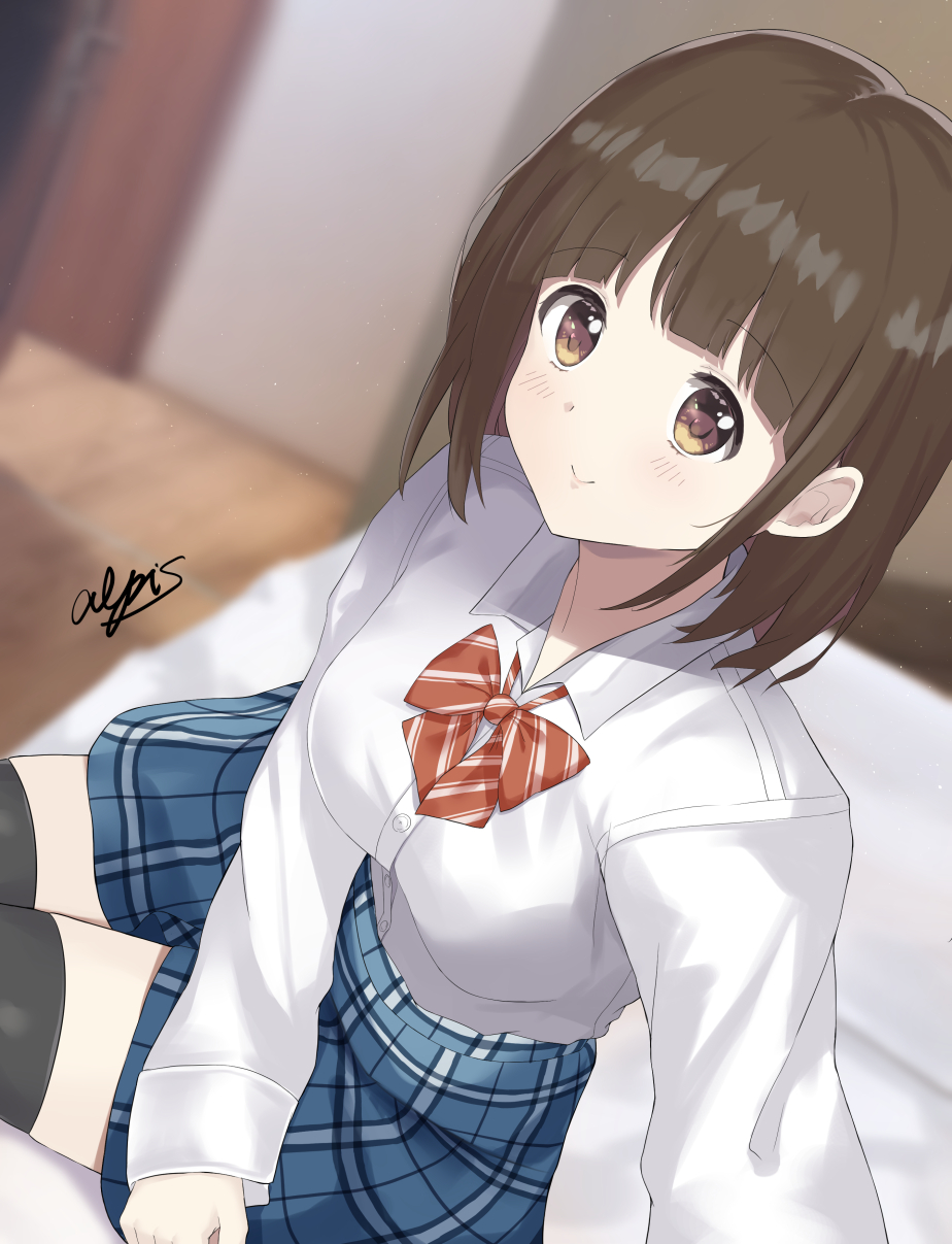 1girl 7_calpis_7 bangs bed black_legwear blue_skirt blurry blurry_background bow breasts brown_eyes brown_hair collared_shirt commentary_request depth_of_field diagonal_stripes dress_shirt eyebrows_visible_through_hair highres indoors long_sleeves medium_breasts on_bed original plaid plaid_skirt red_bow school_uniform shirt short_sleeves signature sitting sitting_on_bed skirt sleeves_past_wrists solo striped striped_bow thigh-highs white_shirt