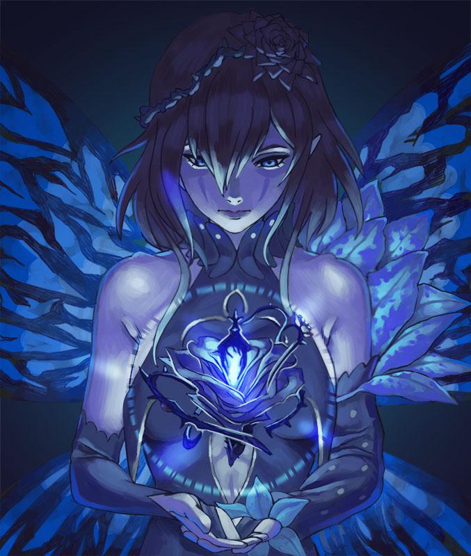 1girl armpit_crease bangs bare_shoulders blue_light bridal_gauntlets butterfly_wings dark expressionless fire_emblem fire_emblem_heroes glowing solo triandra_(fire_emblem) upper_body wadansi wings