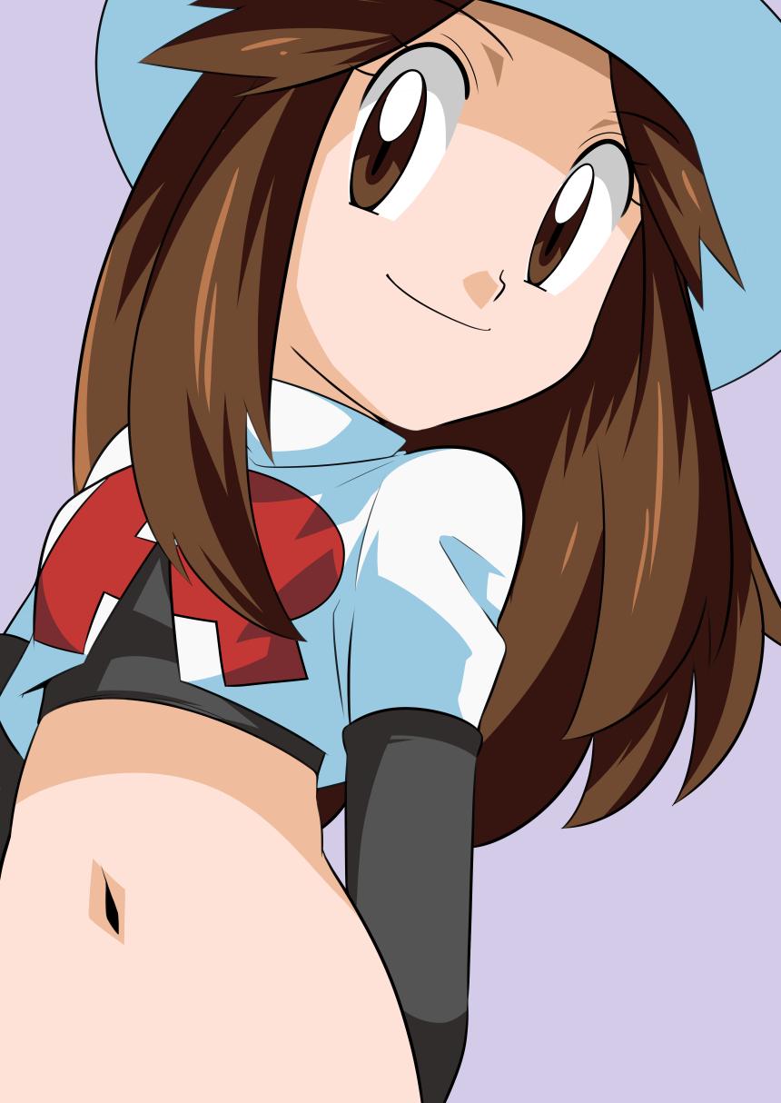 1girl blue_(pokemon) breasts brown_eyes brown_hair closed_mouth commentary cosplay gloves hainchu hat highres long_hair looking_at_viewer pokemon pokemon_(game) pokemon_frlg porkpie_hat simple_background smile solo team_rocket_uniform