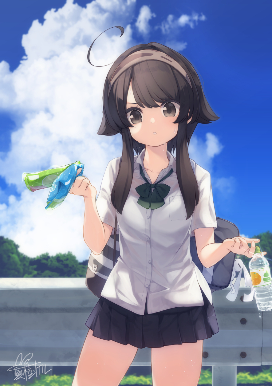 1girl :o ahoge bag bag_charm bangs black_hair black_skirt blue_sky bottle bow breasts brown_eyes brown_hairband charm_(object) clouds cloudy_sky collared_shirt commentary_request day dress_shirt eyebrows_visible_through_hair green_bow hair_flaps hairband highres holding holding_bottle long_hair natsuki_teru original outdoors parted_lips pleated_skirt railing school_bag shikibe_ayaka shirt short_sleeves sidelocks signature skirt sky small_breasts solo standing sweat white_shirt