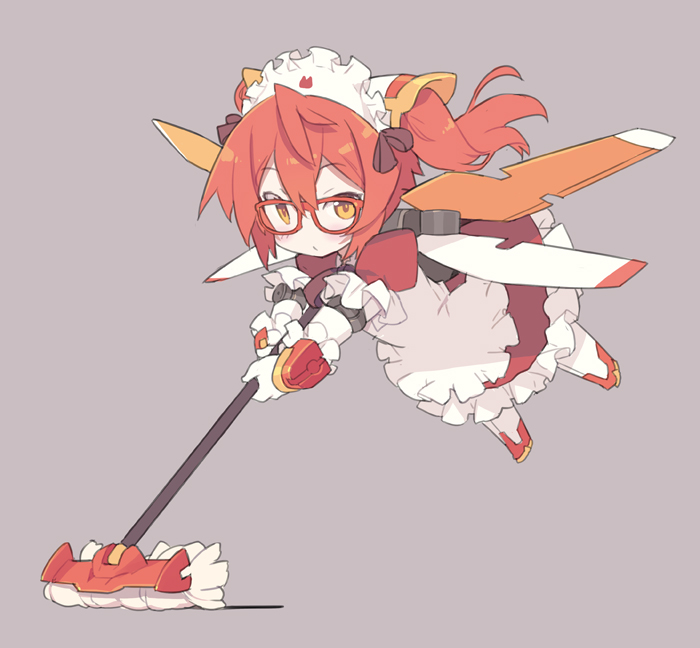 1girl apron bangs blade_(galaxist) boots brown_eyes character_request commentary_request desktop_army dress eyebrows_visible_through_hair flying glasses gloves grey_background hair_between_eyes holding long_hair looking_at_viewer maid maid_apron maid_day maid_headdress mop orange_hair puffy_short_sleeves puffy_sleeves red-framed_eyewear red_dress shadow short_sleeves solo twintails white_apron white_footwear white_gloves wings