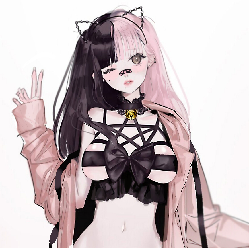 1girl bandaid bell bow breasts choker collarbone earrings headband jewelry jingle_bell lips long_hair multicolored_hair one_eye_closed open_clothes original pale_skin shikishima_(eiri) simple_background solo two-tone_hair under_boob v white_background