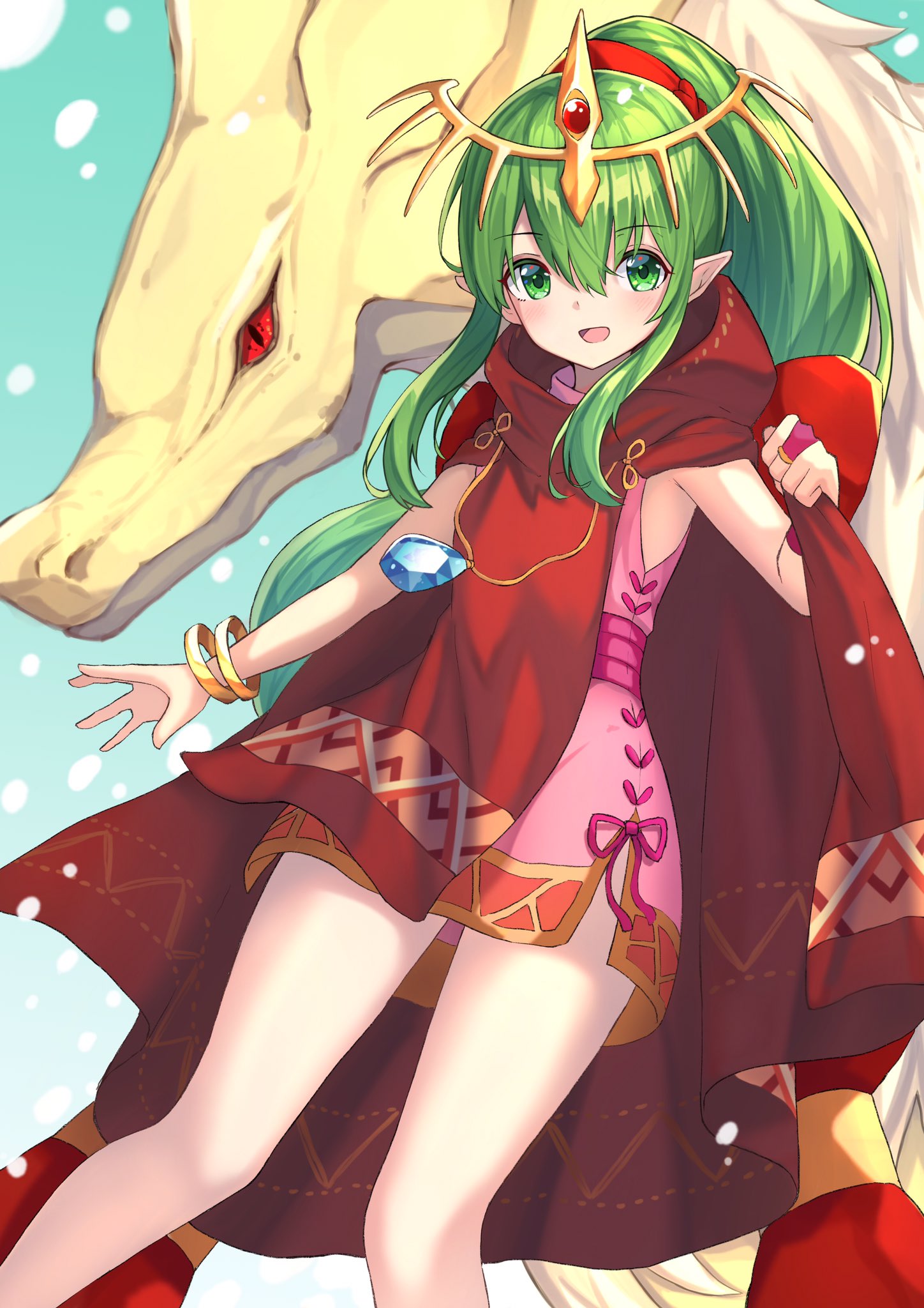 +5cm 1girl blush bracelet cape commentary cowboy_shot dragon dress fire_emblem fire_emblem:_mystery_of_the_emblem gradient gradient_background green_eyes green_hair highres jewelry long_hair looking_at_viewer manakete multiple_persona open_mouth pink_dress pointy_ears ponytail red_cape short_dress side_slit sleeveless sleeveless_dress smile solo thighs tiara tiki_(fire_emblem)