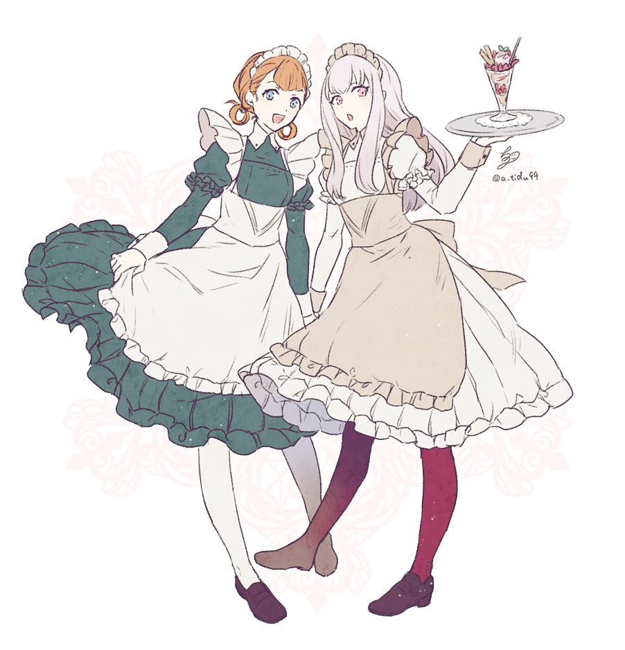 2girls annette_fantine_dominic blue_eyes chizu_(fiute) fire_emblem fire_emblem:_three_houses holding long_hair long_sleeves lysithea_von_ordelia maid maid_headdress multiple_girls open_mouth orange_hair pink_eyes red_legwear shoes tray twintails twitter_username waitress white_hair white_legwear