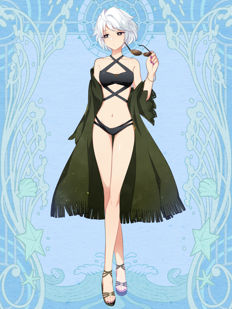 1girl bikini black_bikini black_eyes bracelet breasts dairoku_youhei eyewear_removed full_body green_jacket jacket jewelry l_(matador) navel purple_nails sandals simple_background small_breasts solo standing sunglasses swimsuit white_hair