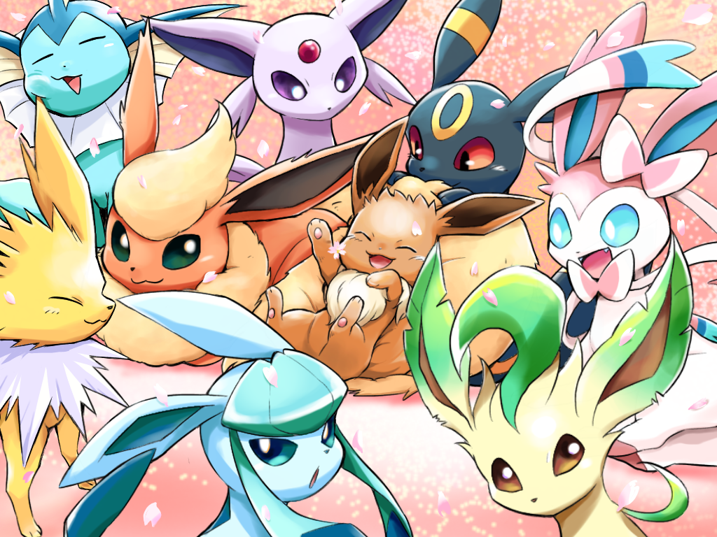 :3 :d ayo_(ayosanri009) brown_eyes closed_eyes closed_mouth commentary_request creature eevee espeon facing_viewer fangs flareon gen_1_pokemon gen_2_pokemon gen_4_pokemon gen_6_pokemon glaceon green_eyes happy jolteon leafeon looking_at_viewer no_humans open_mouth pink_background pokemon pokemon_(creature) smile sylveon umbreon vaporeon violet_eyes