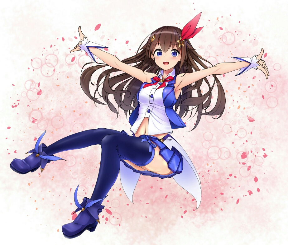1girl :d armpit_peek blue_eyes blue_footwear blue_jacket blue_legwear blue_skirt blush boots breasts brown_hair collared_shirt commentary eyebrows_visible_through_hair floating floating_hair full_body hair_between_eyes hair_ornament hair_ribbon hololive jacket long_hair looking_at_viewer medium_breasts midriff miniskirt navel neck_ribbon open_mouth outstretched_arms panties panty_peek pleated_skirt red_neckwear red_ribbon ribbon shinomu_(cinomoon) shirt skirt sleeveless sleeveless_jacket smile solo star star_hair_ornament thigh-highs thighs tokino_sora tokino_sora_channel underwear virtual_youtuber waist_cape white_panties white_shirt wrist_cuffs