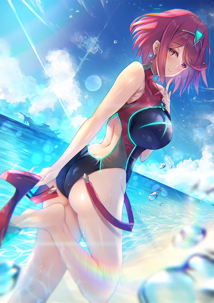 1girl beach black_swimsuit breasts closed_mouth clouds cowboy_shot earrings high_heels hinot pyra_(xenoblade) jewelry large_breasts ocean red_shorts redhead short_hair shorts sky smile solo standing standing_on_one_leg sunlight swimsuit xenoblade_(series) xenoblade_2