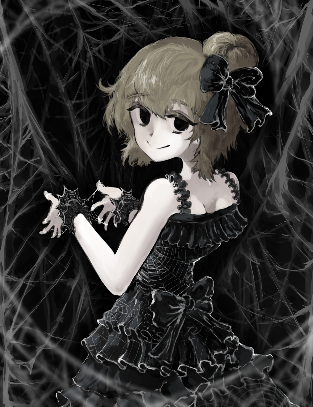 1girl bare_arms bare_shoulders black_background black_bow black_dress black_eyes blonde_hair bow bracelet closed_mouth commentary_request cowboy_shot dress empty_eyes eyebrows_visible_through_hair from_behind hair_bow hair_bun hands_up highres jewelry kurodani_yamame layered_dress looking_at_viewer looking_back short_hair silk sleeveless sleeveless_dress smile solo spider_web sunyup touhou