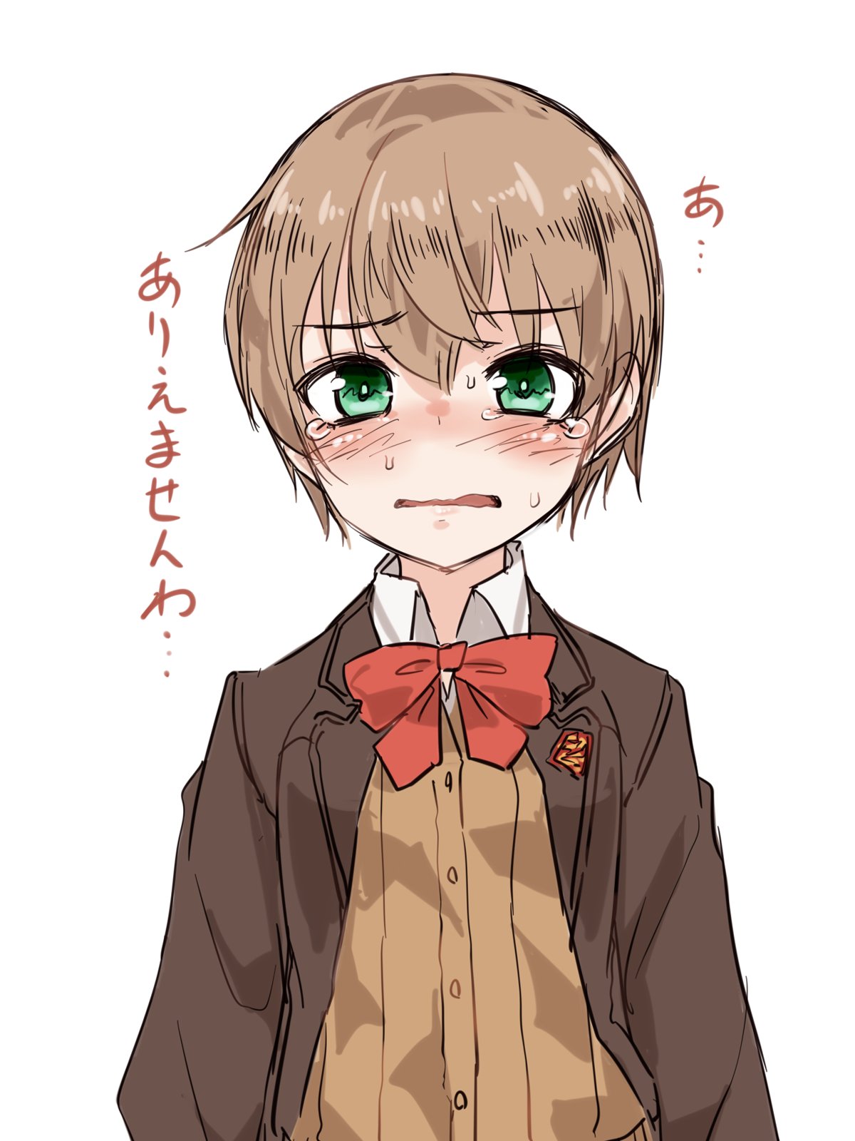 1girl alternate_hair_length alternate_hairstyle blazer brown_hair brown_jacket cardigan commentary_request crying crying_with_eyes_open green_eyes highres hourai_kochou jacket kantai_collection kumano_(kantai_collection) looking_at_viewer orange_neckwear remodel_(kantai_collection) school_uniform short_hair simple_background solo tears translation_request white_background