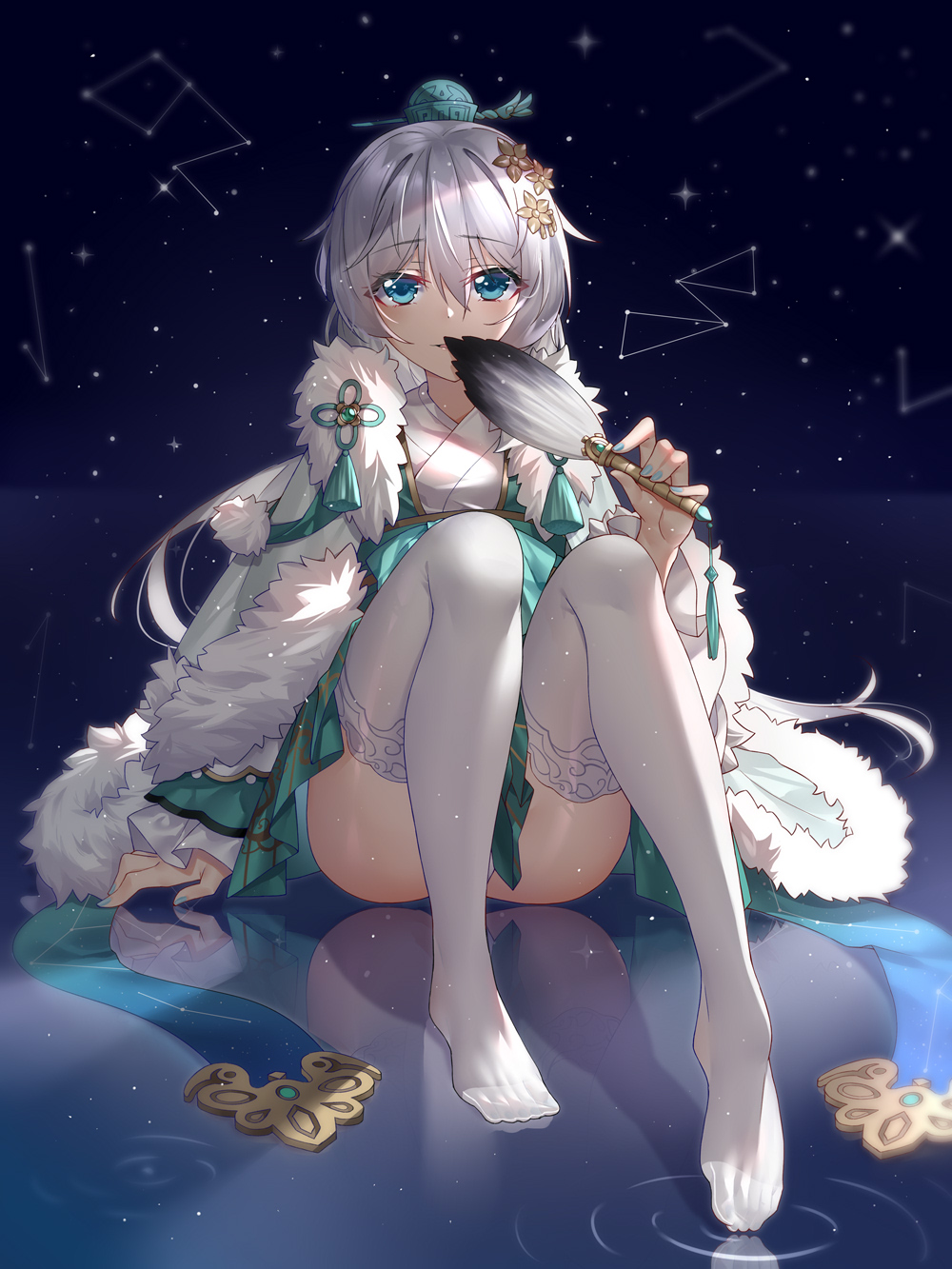 1girl ass bangs blue_eyes blue_nails check_character clothing_request commentary_request constellation eyebrows_visible_through_hair feet fur_trim ginklaga hair_between_eyes hair_ornament highres holding honkai_(series) honkai_impact_3rd japanese_clothes kimono long_hair long_sleeves looking_at_viewer nail_polish night night_sky no_shoes reflection silver_hair sitting sky solo star_(sky) starry_sky theresa_apocalypse thigh-highs water white_kimono white_legwear