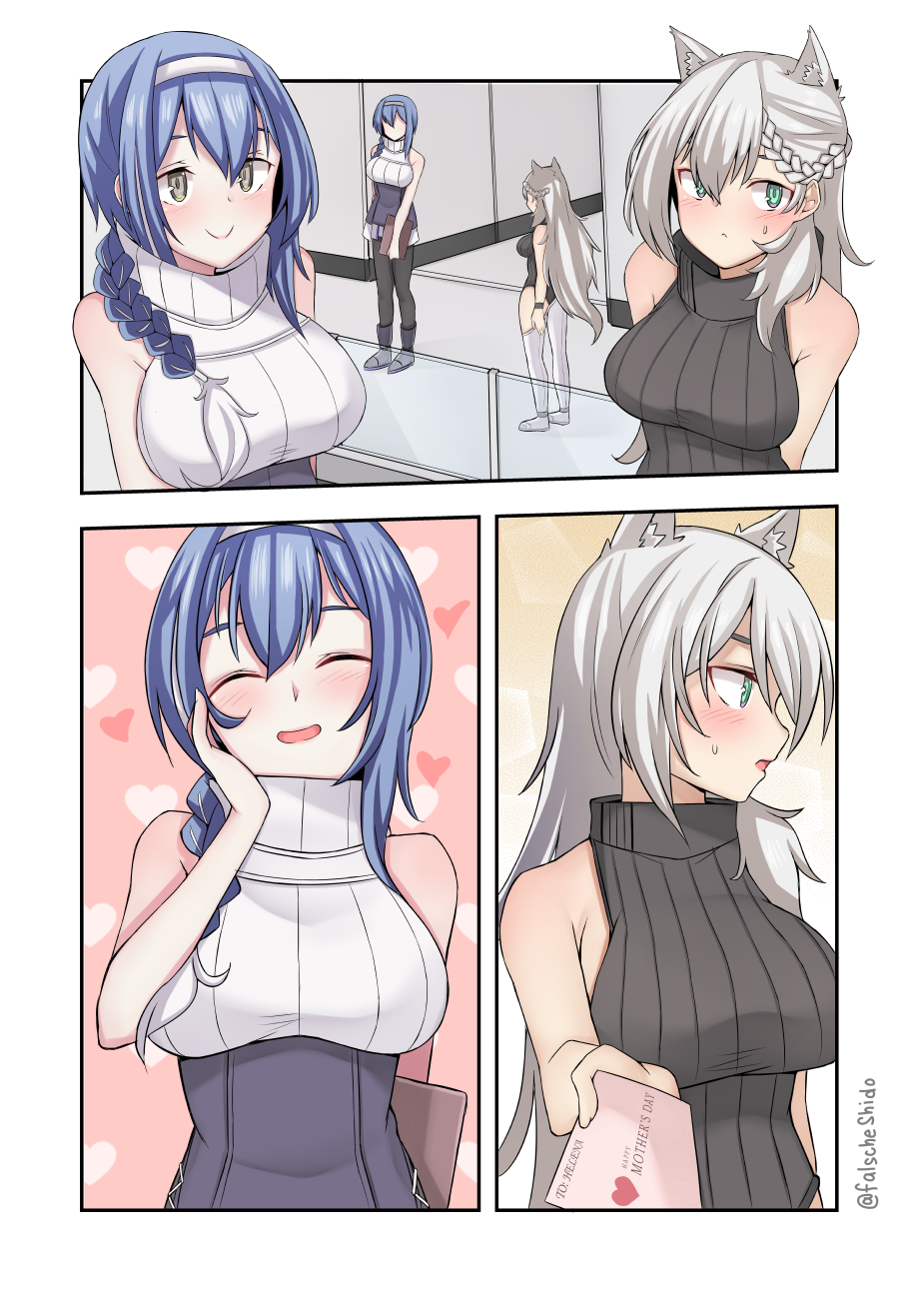 2girls animal_ears blue_hair blush braid breasts dp-12_(girls_frontline) english_text falsche.shido french_braid gift girls_frontline headband highres ksvk_(girls_frontline) large_breasts letter mother's_day mother_and_daughter multiple_girls sleeveless sleeveless_turtleneck smile sweater turtleneck white_hair wolf_ears