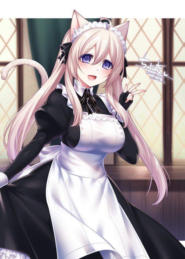 1girl ahoge animal_ears bangs blonde_hair blurry blurry_background blush cat_ears cat_tail dated fingerless_gloves frills gloves hair_between_eyes indoors konshin long_hair long_sleeves looking_at_viewer maid maid_dress maid_headdress open_mouth original puffy_long_sleeves puffy_sleeves signature solo tail twintails v violet_eyes
