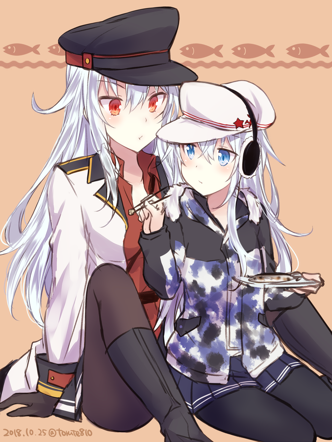 2girls alternate_costume bangs belt black_footwear black_gloves black_legwear black_skirt blue_eyes blush boots breasts camouflage camouflage_jacket closed_mouth commentary_request earmuffs facial_scar fish flat_cap food gangut_(kantai_collection) gloves grey_hair hammer_and_sickle hat hibiki_(kantai_collection) jacket kabocha_torute kantai_collection long_hair long_sleeves looking_at_another medium_breasts military military_hat military_jacket multiple_girls pantyhose peaked_cap red_eyes red_shirt remodel_(kantai_collection) scar scar_on_cheek shirt silver_hair sitting skirt star twitter_username verniy_(kantai_collection) wariza white_jacket winter_clothes