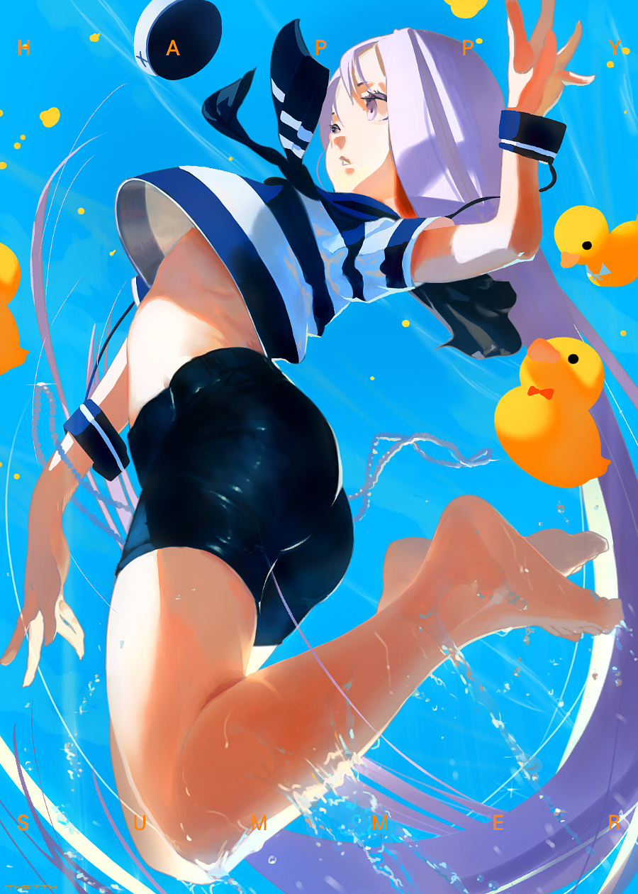 1girl ass barefoot blue_background costor32 english_text glint highres jumping lavender_eyes lavender_hair long_hair original parted_lips rubber_duck solo striped striped_neckwear summer very_long_hair water