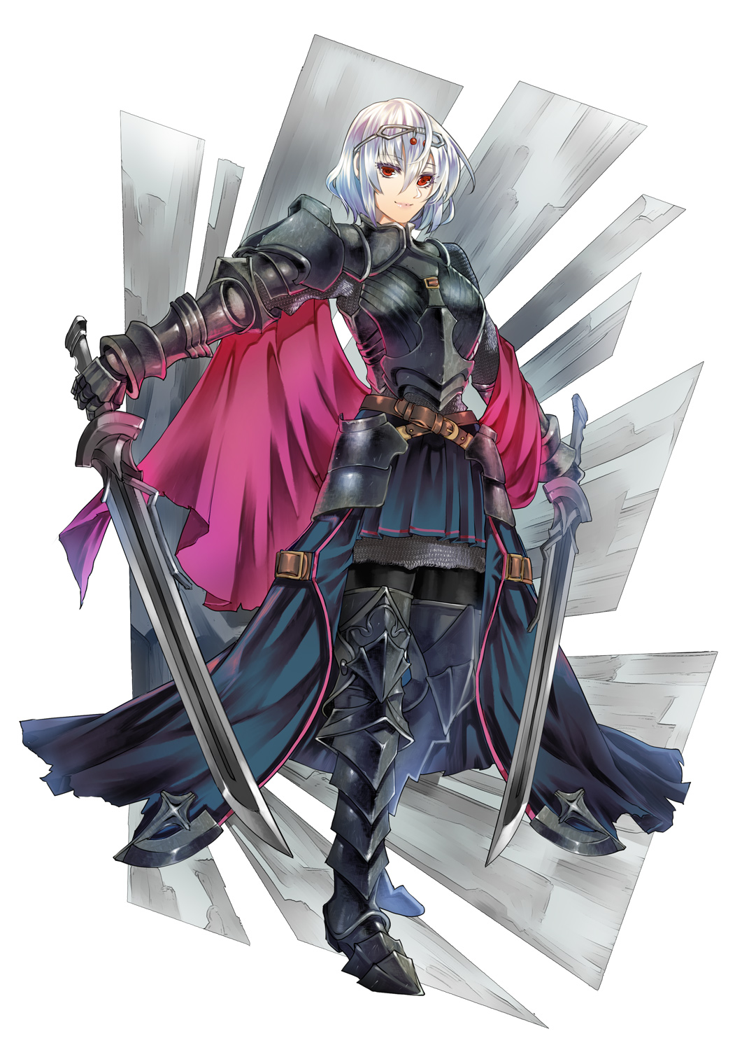 1girl armor armored_boots boots breastplate chainmail commentary_request dual_wielding eyebrows_visible_through_hair faulds full_body gauntlets highres holding holding_sword holding_weapon knight looking_at_viewer original plate_armor red_eyes shoulder_armor solo sword takayama_dan waist_cape weapon white_hair