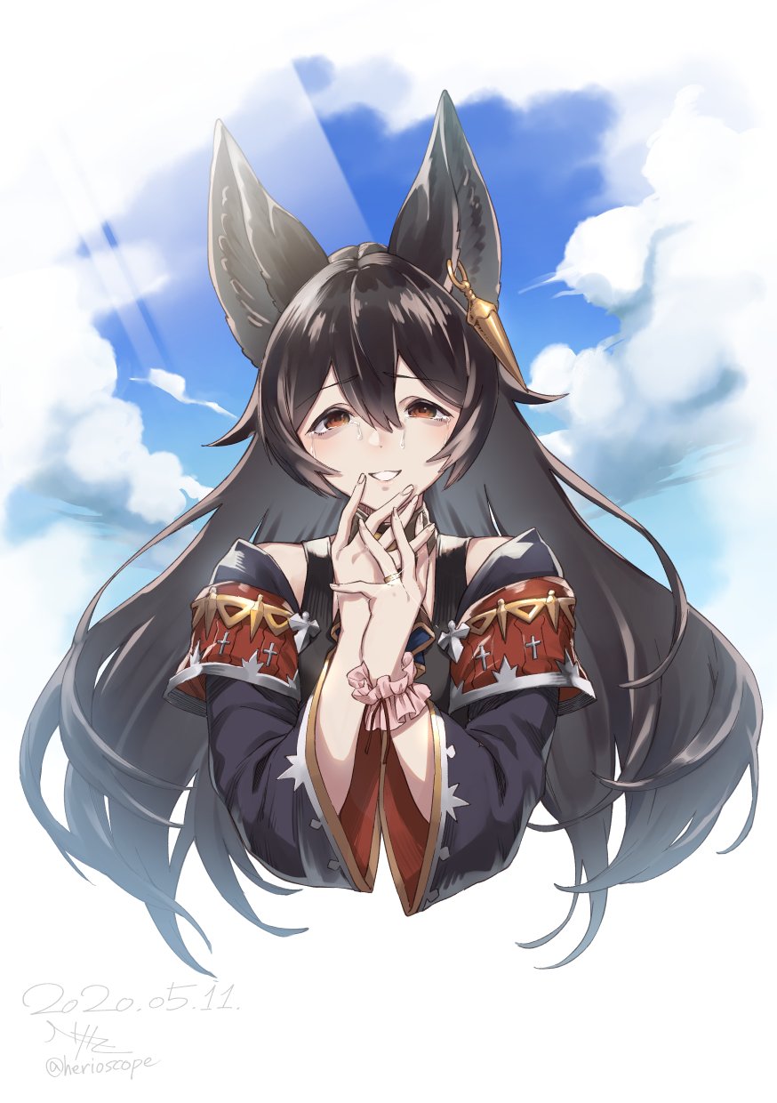 1girl bags_under_eyes bangs black_hair black_jacket blue_sky blush breasts brown_eyes ear_piercing erune granblue_fantasy hair_between_eyes heriwo_(haraheridou) highres jacket long_hair long_sleeves looking_at_viewer nier_(granblue_fantasy) piercing scrunchie sky smile solo wide_sleeves wrist_scrunchie