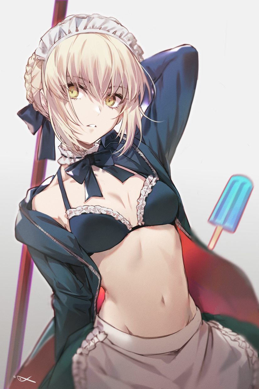 1girl apron artoria_pendragon_(all) artoria_pendragon_(swimsuit_rider_alter) bikini black_bikini black_jacket black_ribbon blonde_hair braid breasts csyday fate/grand_order fate/stay_night fate_(series) food french_braid frilled_bikini frills highres hood hooded_jacket hoodie ice_cream jacket maid maid_apron maid_dress maid_headdress medium_breasts mop navel popsicle ribbon saber_alter short_hair skirt stomach swimsuit white_apron yellow_eyes