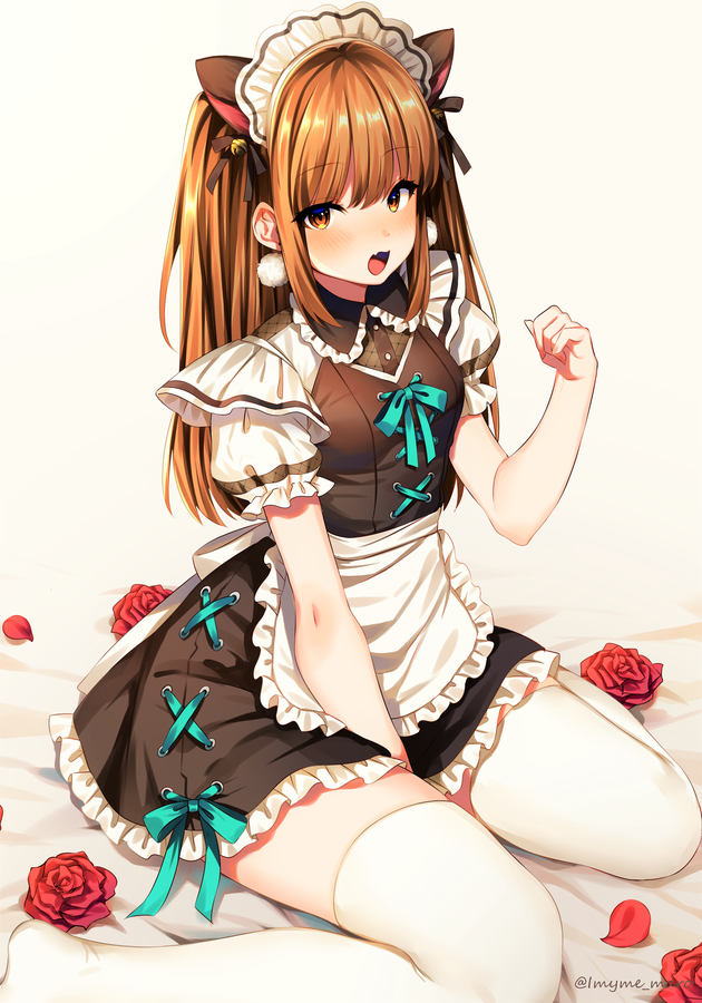 1girl animal_ears apron aqua_ribbon artist_name bangs bed_sheet beige_background black_dress black_ribbon blush breasts brown_eyes brown_hair cat_ears commentary_request dress eyebrows_visible_through_hair flower frilled_apron frilled_shirt_collar frills hair_ribbon hand_up long_hair looking_at_viewer maid maid_apron maid_headdress marota no_shoes open_mouth original partial_commentary petals petticoat pom_pom_(clothes) puffy_short_sleeves puffy_sleeves red_flower red_rose ribbon rose rose_petals shirt short_dress short_sleeves sidelocks sitting small_breasts solo thigh-highs thighs twitter_username waist_apron wariza white_apron white_legwear white_shirt zettai_ryouiki