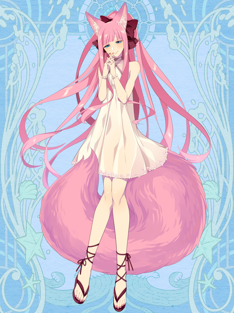 1girl animal_ears blue_eyes bow dairoku_youhei dress fox_ears fox_tail full_body hair_bow halterneck hands_together interlocked_fingers knees_together_feet_apart l_(matador) long_hair looking_at_viewer pink_hair pink_nails red_bow sandals simple_background smile solo standing tail very_long_hair white_dress wristband