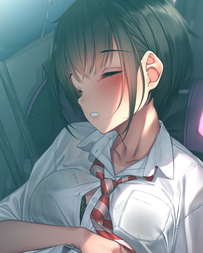 1girl backpack bag black_hair blush button_gap car_interior lingerie necktie original parted_lips pocket rerrere school_uniform sleeping solo striped striped_neckwear underwear upper_body