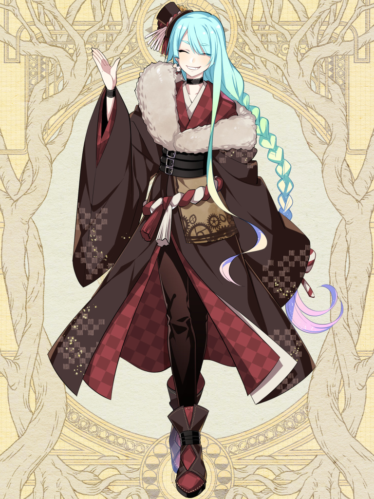 androgynous aqua_hair black_choker black_pants black_wristband braid choker closed_eyes dairoku_youhei facing_viewer fur_trim gradient_hair hand_up hat l_(matador) mini_hat multicolored_hair pants smile solo tilted_headwear wide_sleeves wristband