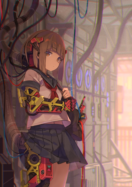 1girl bag bangs blunt_bangs brown_eyes brown_hair cable clothes_lift cyborg expressionless eyebrows_visible_through_hair fence hair_ornament holding holding_bag indoors looking_at_viewer machinery mechanical_arm mechanical_leg mechanical_parts navel neckerchief original red_scarf sailor_collar scarf school_uniform serafuku short_hair shoulder_bag sidelocks skirt skirt_lift solo tomioka_jirou