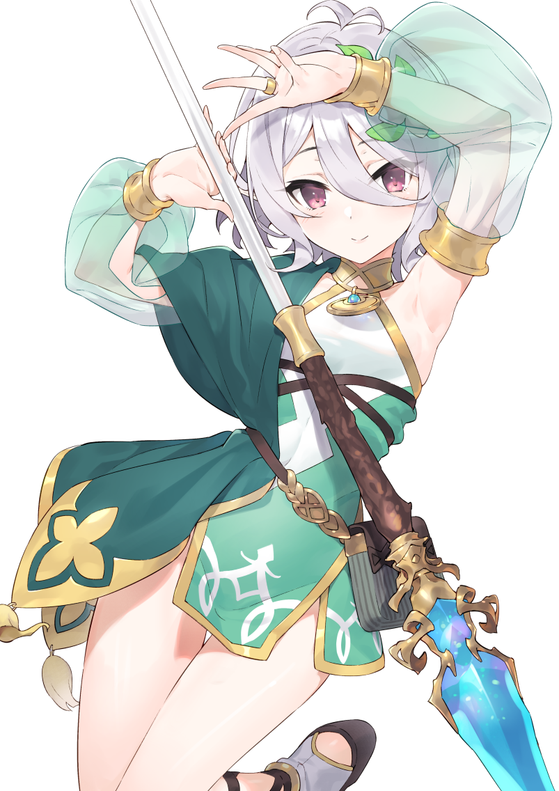 1girl antenna_hair aqua_dress armpits arms_up bare_legs belt blush brown_footwear closed_mouth detached_sleeves dress elf hair_between_eyes hair_ornament hayashi_kewi holding holding_weapon jewelry kokkoro_(princess_connect!) leaf_hair_ornament leg_up long_sleeves looking_at_viewer pointy_ears polearm pouch princess_connect! princess_connect!_re:dive ring short_dress short_hair silver_hair simple_background smile solo spear star_(sky) tassel thigh_gap violet_eyes weapon white_background