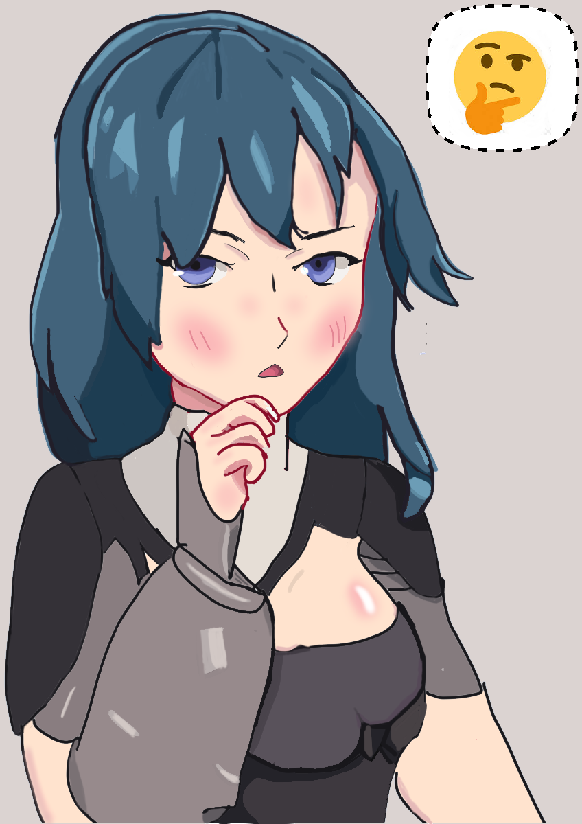 1girl armor blue_eyes blue_hair byleth_(fire_emblem) byleth_eisner_(female) open_mouth solo thinking thinking_emoji