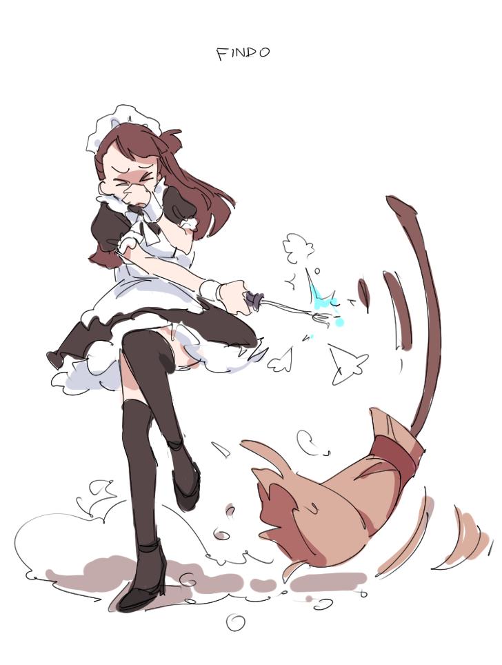 &gt;_&lt; 1girl alternate_costume artist_name black_legwear broom brown_hair closed_eyes covering_nose enmaided findoworld kagari_atsuko little_witch_academia long_hair maid maid_day maid_headdress one_side_up simple_background sketch standing standing_on_one_leg thigh-highs wand white_background wrist_cuffs zettai_ryouiki
