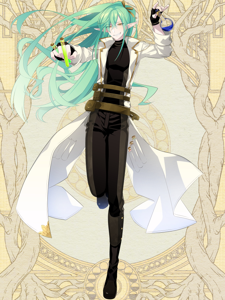 1boy belt belt_pouch black_pants boots dairoku_youhei elf full_body green_hair hair_over_one_eye hair_tie jacket knee_boots l_(matador) long_sleeves looking_at_viewer male_focus pants pointy_ears potion pouch simple_background smile solo standing standing_on_one_leg vial white_jacket yellow_background