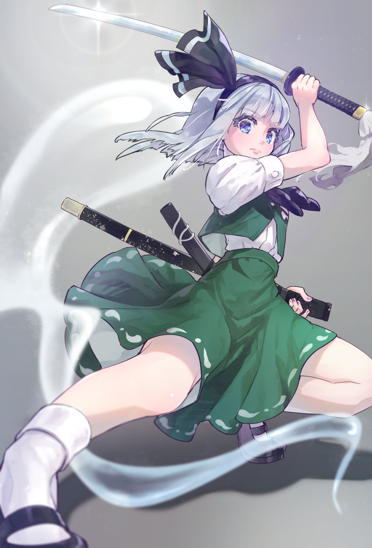 1girl arm_up bangs black_footwear black_hairband black_neckwear black_ribbon blue_eyes blush commentary_request eyebrows_visible_through_hair glint green_skirt green_vest grey_background hair_ribbon hairband hitodama holding holding_sword holding_weapon katana konpaku_youmu konpaku_youmu_(ghost) looking_at_viewer mary_janes miniskirt puffy_short_sleeves puffy_sleeves ribbon scabbard shadow sheath shirt shoes short_hair short_sleeves silver_hair simple_background skirt skirt_set socks solo sword syuri22 touhou vest weapon white_legwear white_shirt