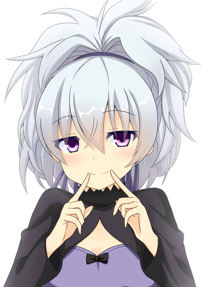 1girl closed_mouth commentary_request darker_than_black dress hair_ribbon idatenmaru long_hair looking_at_viewer ponytail purple_dress ribbon silver_hair simple_background smile solo violet_eyes white_background yin