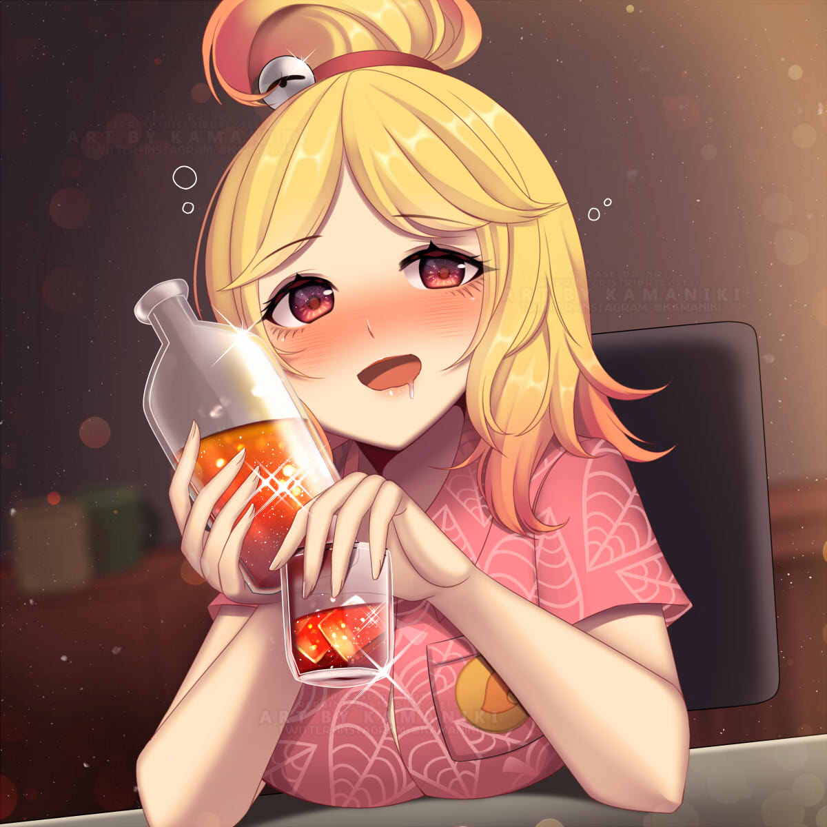 1girl alcohol bell blonde_hair blush bottle breasts brown_eyes chair cup doubutsu_no_mori drunk eyebrows_visible_through_hair glass highres holding holding_cup humanization indoors jingle_bell kamaniki large_breasts pink_shirt pov_across_table saliva shirt shizue_(doubutsu_no_mori) short_sleeves solo updo watermark