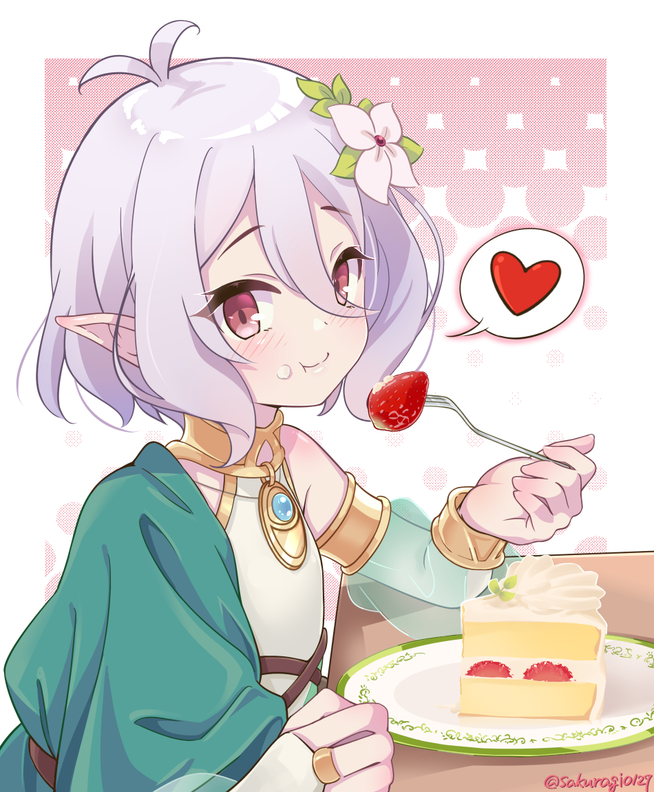 1girl antenna_hair blush cake commentary_request detached_sleeves eating flower food food_on_face fork hair_between_eyes hair_flower hair_ornament heart kokkoro_(princess_connect!) lavender_hair looking_at_viewer pink_eyes plate pointy_ears princess_connect! princess_connect!_re:dive sakuragiyuuki see-through_sleeves short_hair solo spoken_heart twitter_username