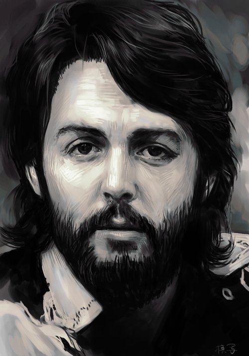 1boy beard closed_mouth face facial_hair greyscale hankuri lips male_focus monochrome paul_mccartney portrait realistic shirt simple_background solo the_beatles