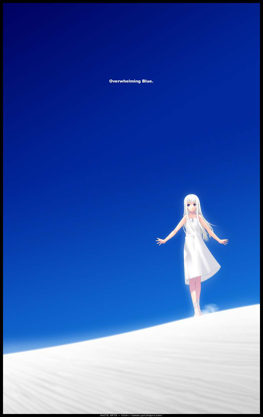 1girl blue_eyes blue_sky bow circle_name contrast day dress dust_cloud english_text facing_viewer highres hime_cut light_smile looking_to_the_side matsumoto_tomoki original outdoors outstretched_arms sand sand_dune sandals sky solo sundress walking watermark web_address white_bow white_dress white_hair white_sand