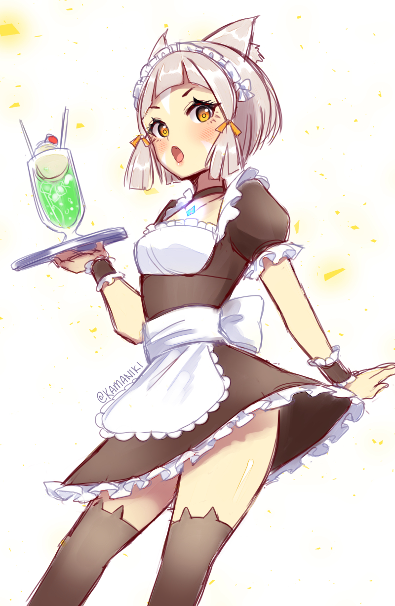 1girl :o alternate_costume animal_band_legwear apron blush cat_band_legwear cowboy_shot enmaided food grey_hair highres ice_cream ice_cream_float kamaniki looking_at_viewer maid maid_day niyah short_hair simple_background sketch solo thigh-highs tray twitter_username upskirt waist_apron white_background wrist_cuffs xenoblade_(series) xenoblade_2 yellow_eyes