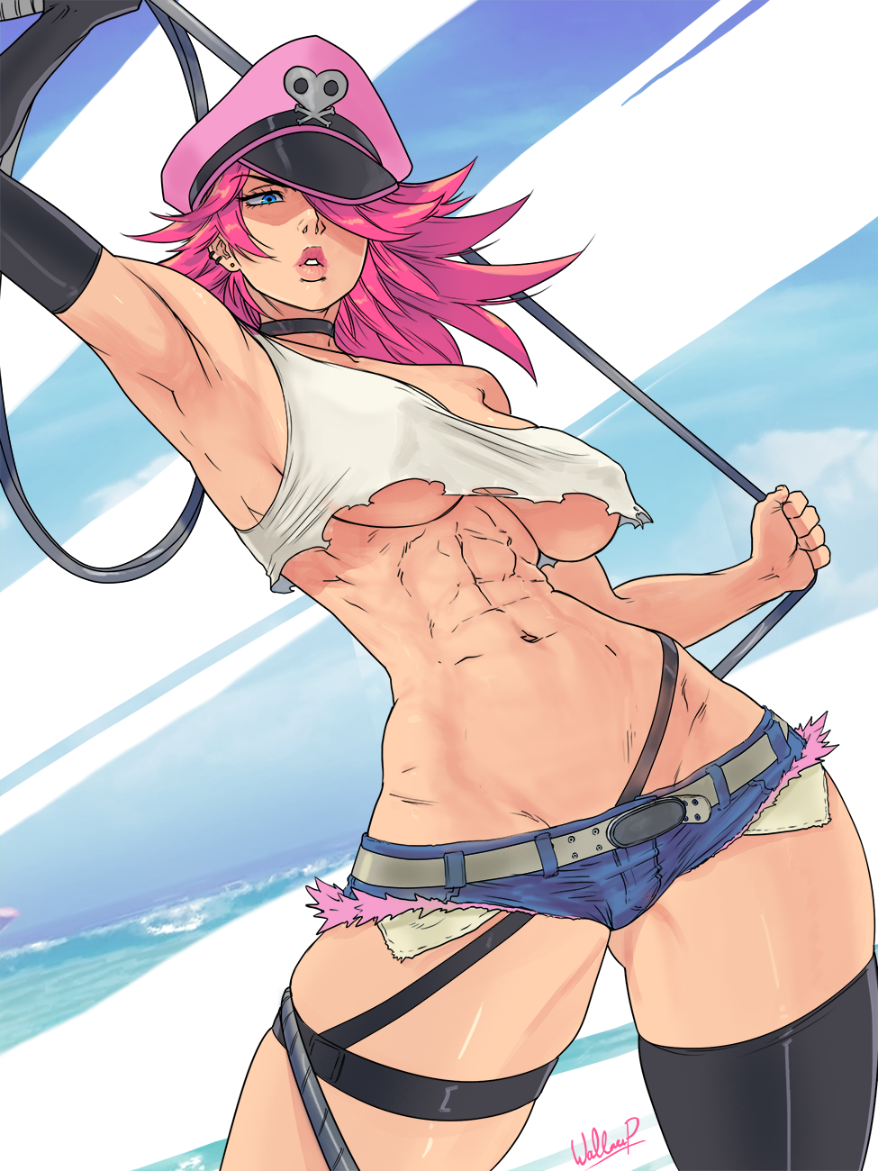 1girl abs armpits black_choker black_gloves black_legwear blue_eyes blue_shorts breasts choker commentary crop_top crop_top_overhang cutoffs denim denim_shorts ear_piercing earrings elbow_gloves english_commentary exposed_pocket gloves hair_over_one_eye highres holding_whip jewelry large_breasts lips lowleg lowleg_shorts medium_hair muscle muscular_female navel no_bra piercing pink_hair poison_(final_fight) short_shorts shorts single_elbow_glove single_garter single_thighhigh solo standing street_fighter street_fighter_v stud_earrings thigh-highs under_boob wallace_pires whip