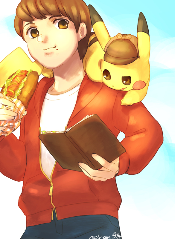 1boy book brown_eyes brown_hair commentary_request creature deerstalker detective_pikachu detective_pikachu_(character) detective_pikachu_(game) food gen_1_pokemon hat holding holding_book holding_food hot_dog kimimi_(kmm) male_focus on_shoulder open_book pikachu pokemon pokemon_(creature) pokemon_(game) pokemon_on_shoulder signature tim_goodman wating zipper