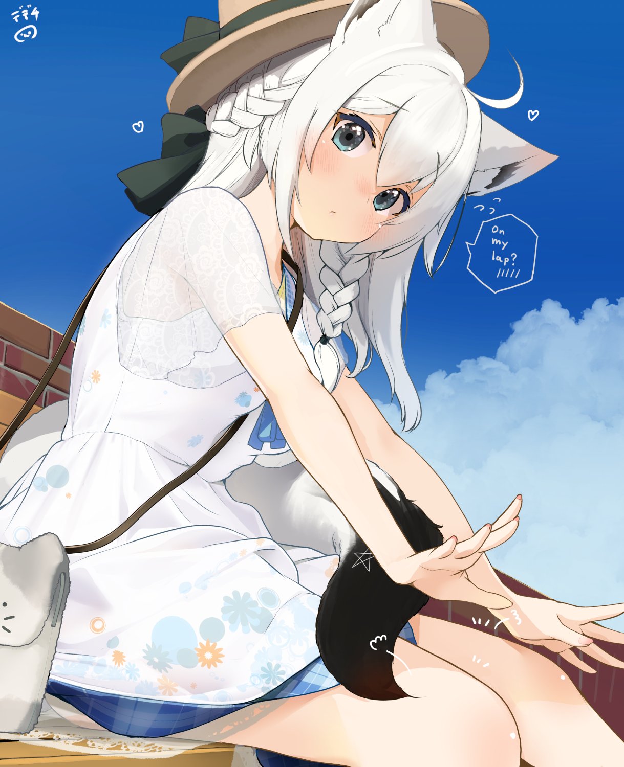 1girl ahoge alternate_costume animal_ears artist_name bag bare_legs black_ribbon blue_eyes blue_sky blush braid breasts brick_wall brown_headwear casual clouds cloudy_sky commentary day dress english_text eyebrows_visible_through_hair floral_print fox_ears fox_tail french_braid hair_between_eyes hair_ribbon handbag hat hat_ribbon heart highres hololive long_hair looking_at_viewer medium_breasts nejime outdoors patting_lap plaid ribbon romaji_commentary see-through_sleeves shirakami_fubuki side_braid sitting sky solo speech_bubble spoken_blush sweatdrop tail thighs virtual_youtuber white_dress white_hair