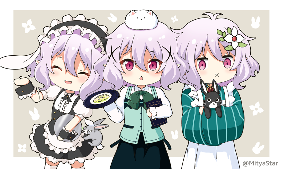 3girls :d :x ^_^ angora_rabbit animal animal_ears animal_hug animal_on_head anko_(gochiusa) antenna_hair apron bangs black_hairband black_skirt blush center_frills chestnut_mouth closed_eyes closed_mouth collared_shirt commentary_request crown eyebrows_visible_through_hair fake_animal_ears floppy_ears flower frilled_apron frilled_hairband frills green_kimono green_vest grey_background hair_between_eyes hair_flower hair_ornament hairband holding holding_tray japanese_clothes kimono kokkoro_(princess_connect!) long_sleeves looking_at_viewer maid_headdress menu miicha mini_crown multiple_girls multiple_persona on_head open_mouth parted_lips pink_hair princess_connect! princess_connect!_re:dive puffy_short_sleeves puffy_sleeves rabbit rabbit_ears rabbit_house_uniform shirt short_sleeves skirt sleeves_past_wrists smile striped thigh-highs tippy_(gochiusa) tray twitter_username two-tone_background vertical-striped_kimono vertical_stripes vest violet_eyes waist_apron white_apron white_background white_flower white_legwear white_shirt wide_sleeves wild_geese wrist_cuffs